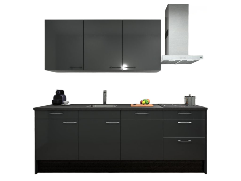 Procasa Keuken 240cm Compleet Dark Grey Spoelbak Links Uit Midden Met 3 Inbouwapparaten Vaatwasser Inductie Kookplaat En Afzuigkap