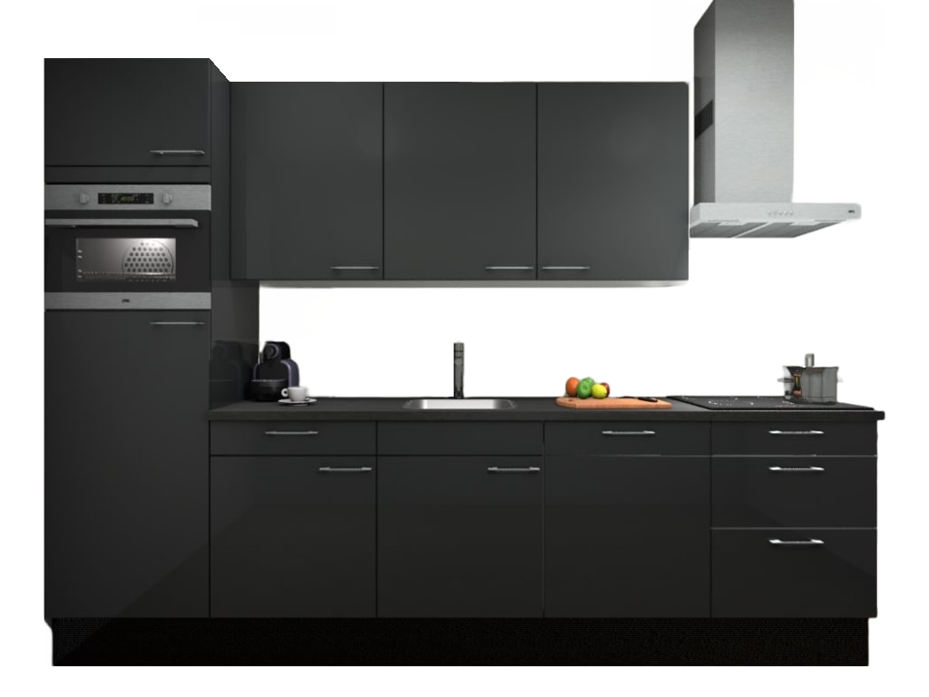 Product afbeelding voor Procasa Keuken 300cm Compleet Dark Grey Met 5 Inbouwapparaten Hoge Kast Met Koelkast En Combi Magnetron Links Vaatwasser Inductie Kookplaat En Afzuigkap