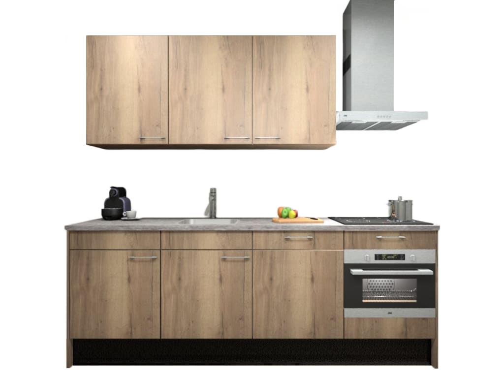 Procasa Keuken 240cm Compleet Mountain Oak Spoelbak Links Uit Midden Met 5 Inbouwapparaten, Koelkast Links, Vaatwasser, Combi Magnetron, Inductie Kookplaat Met Afzuigkap