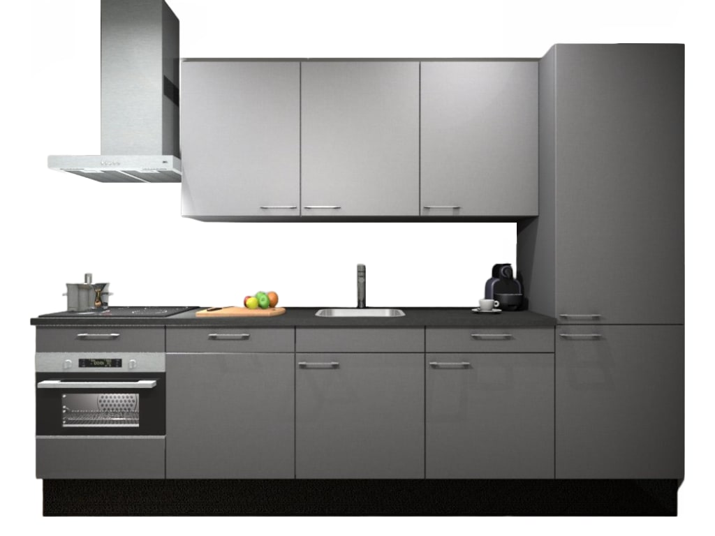 Procasa Keuken 300cm Compleet Grey Inclusief Hoge Kast Met Koelvriescombinatie Rechts Vaatwasser Combi Magnetron Inductie Kookplaat En Afzuigkap