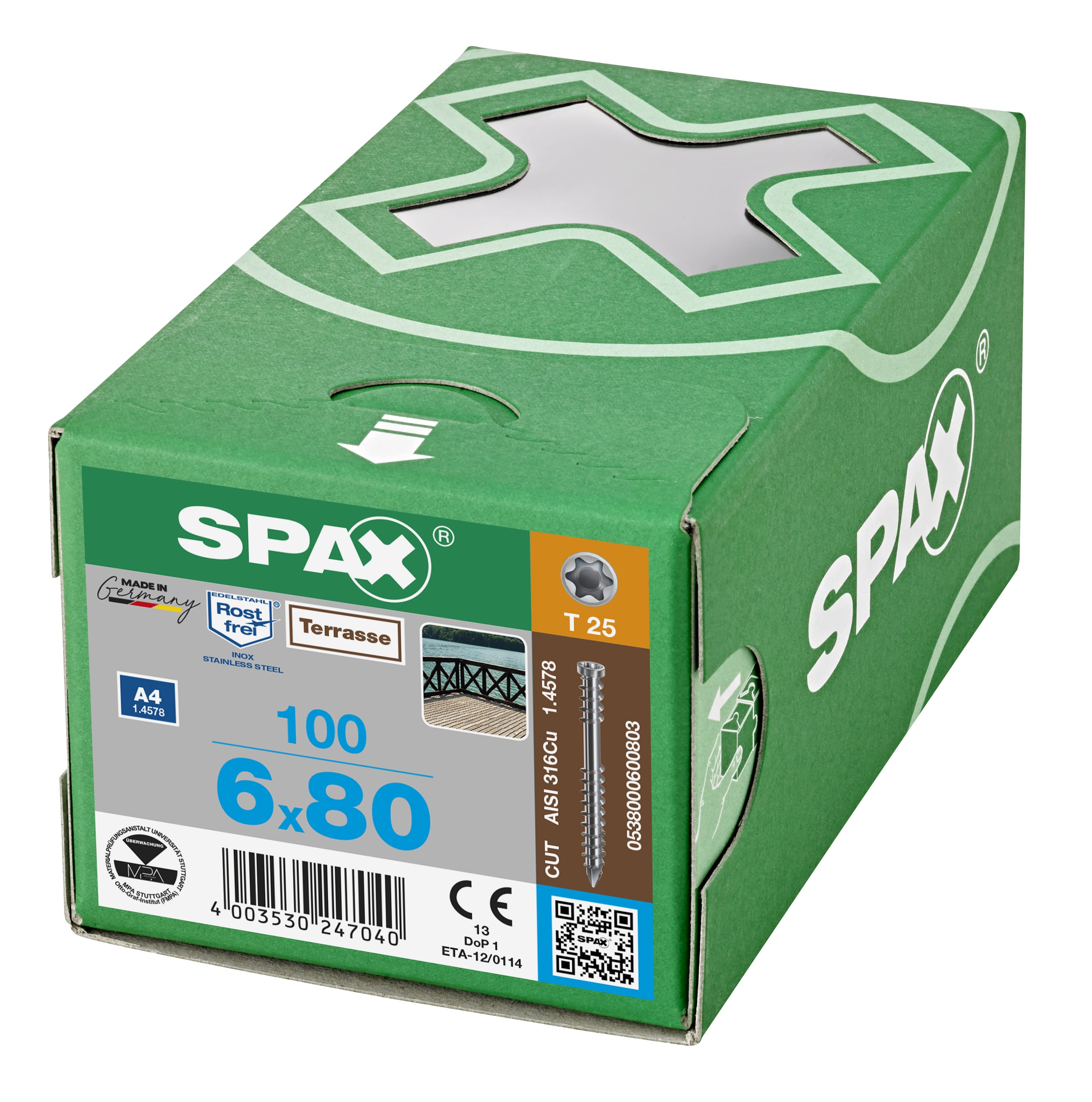 Product afbeelding voor Spax Vlonderschroef 6x80/40mm Cilinderkop TX-25 RVS A4 100st