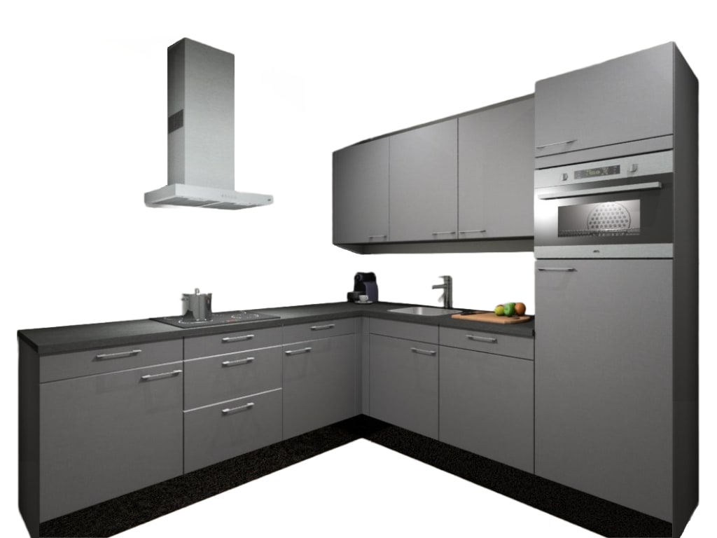Procasa Hoekkeuken Compleet 245x245cm Grey Met 5 Inbouwapparaten, Hoge Kast Met Koelkast Nis 103 En Combi Magnetron Nis 45 Rechts, Vaatwasser, Inductie Kookplaat En Afzuigkap