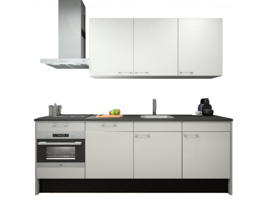 Product afbeelding voor Procasa Keuken 240cm Compleet Wit Spoelbak Rechts Uit Midden Met 5 Inbouw Apparaten Koelkast Rechts, Vaatwasser, Combi Magnetron, Inductie Kookplaat En Afzuigkap