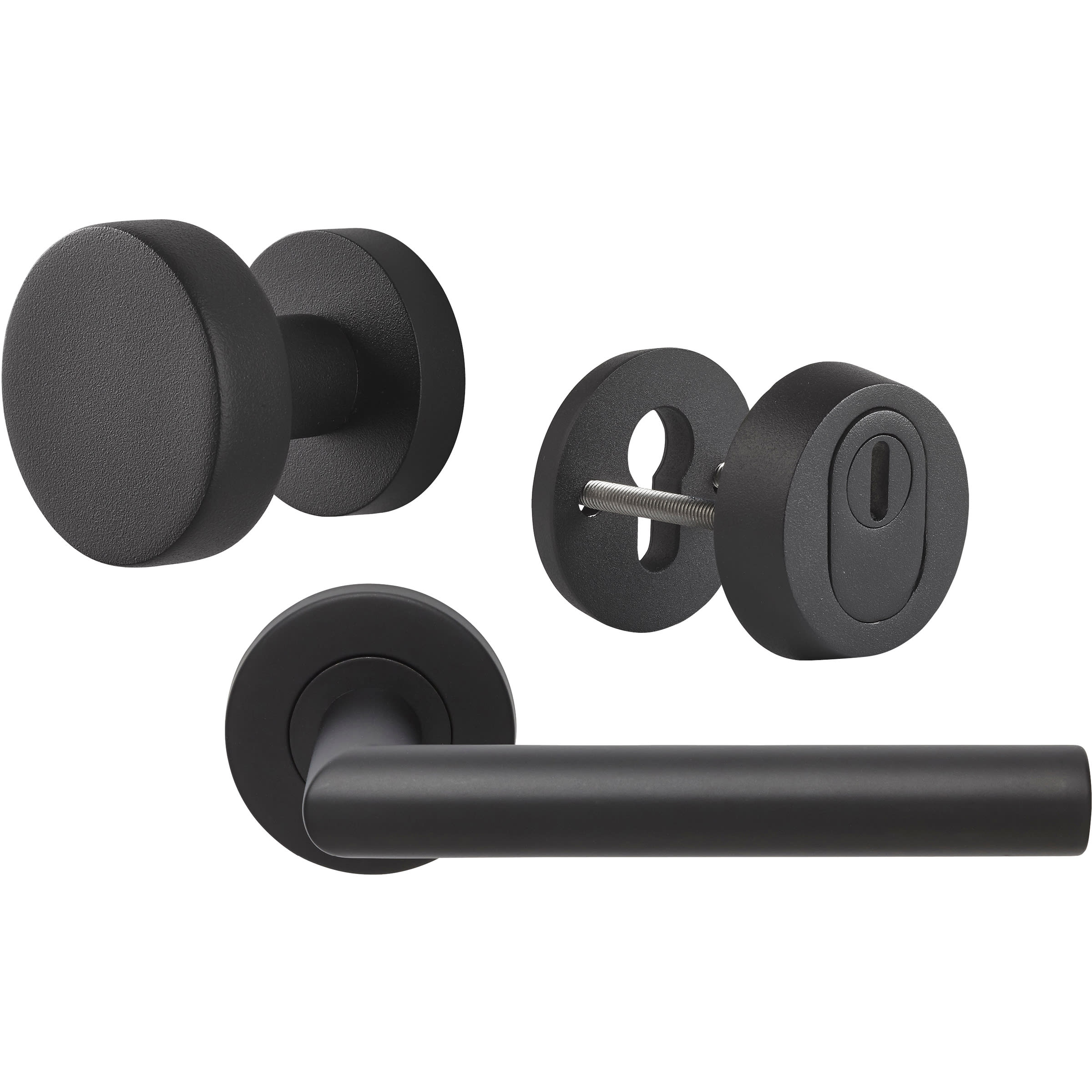 Product afbeelding voor Skantrae Hang&Sluitwerkpakket 93 231 L1 Zwart Aquarius 1/2 Deurkruk Musca Knop Juno Rozet Rond Kerntrekbeveiliging Meerpuntssluiting En 4x AXA Scharnier