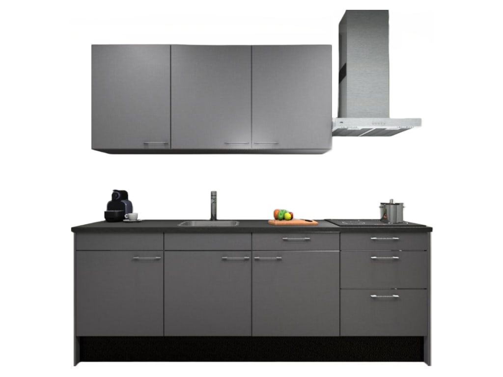 Procasa Keuken 240cm Compleet Grey Spoelbak Links Uit Midden Met 3 Inbouwapparaten, Koelkast Links, Inductie Kookplaat En Afzuigkap