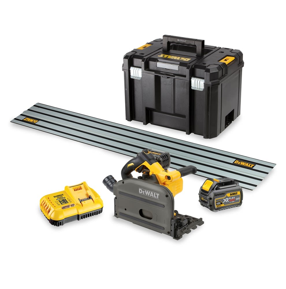 DeWALT Invalcirkelzaag DCS520T2RQW 54V XR Flexvolt Met Rail 2x6,0Ah Snellader
