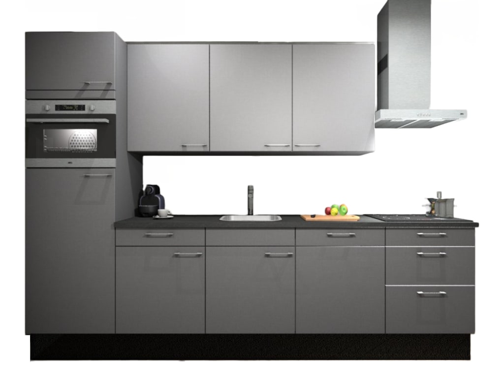 Procasa Keuken 300cm Compleet Grey Inclusief Hoge Kast Met Koelkast En Combi Magnetron Links Vaatwasser Inductie Kookplaat en Afzuigkap