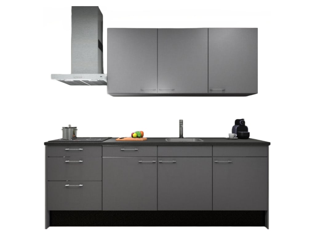 Procasa Keuken 240cm Compleet Grey Spoelbak Rechts Uit Midden Met 3 Inbouwapparaten, Koelkast Rechts, Inductie Kookplaat En Afzuigkap