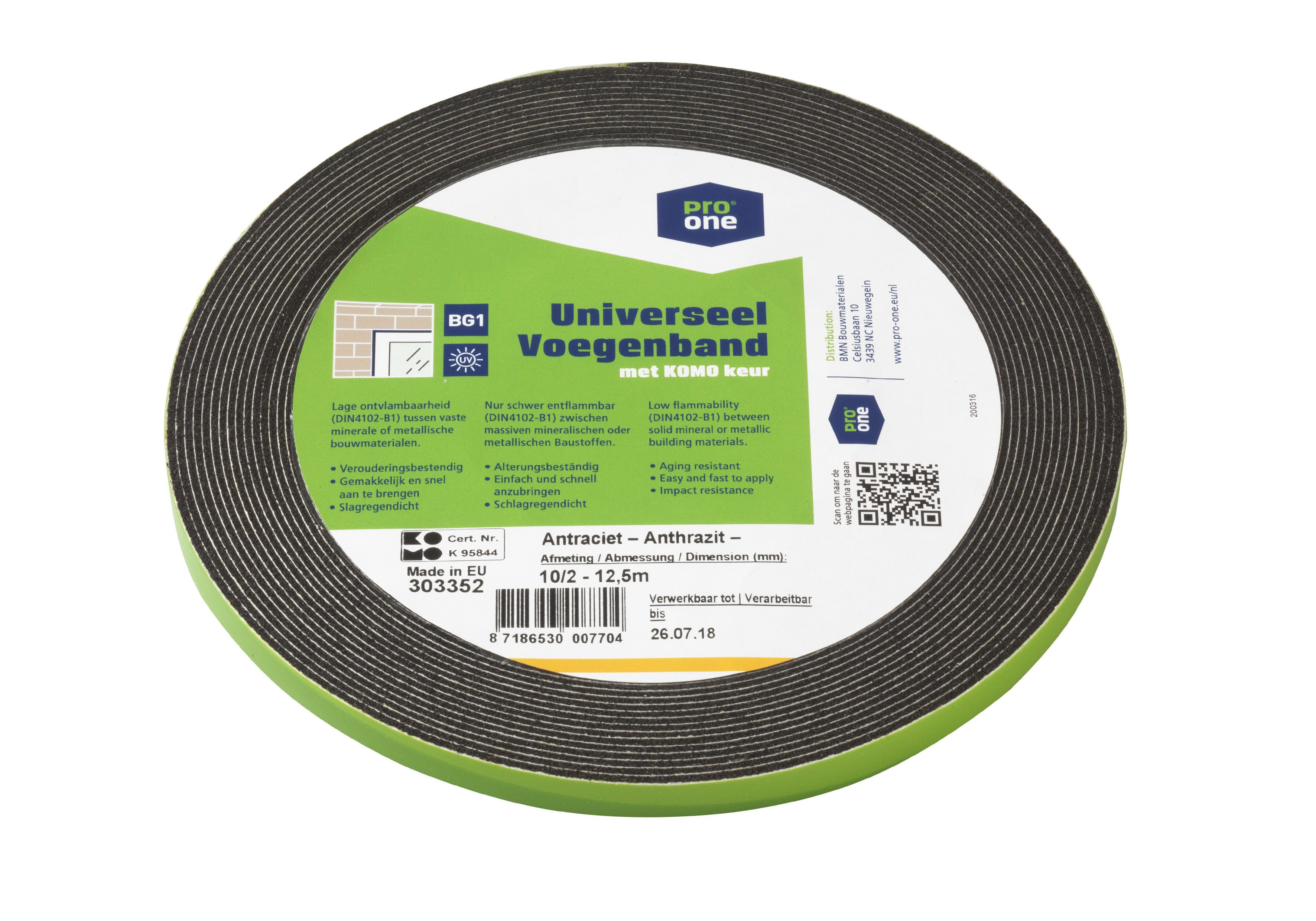 ProOne Voegenband 10/2 12.5m 2mm BG1 Komo Keur Antraciet