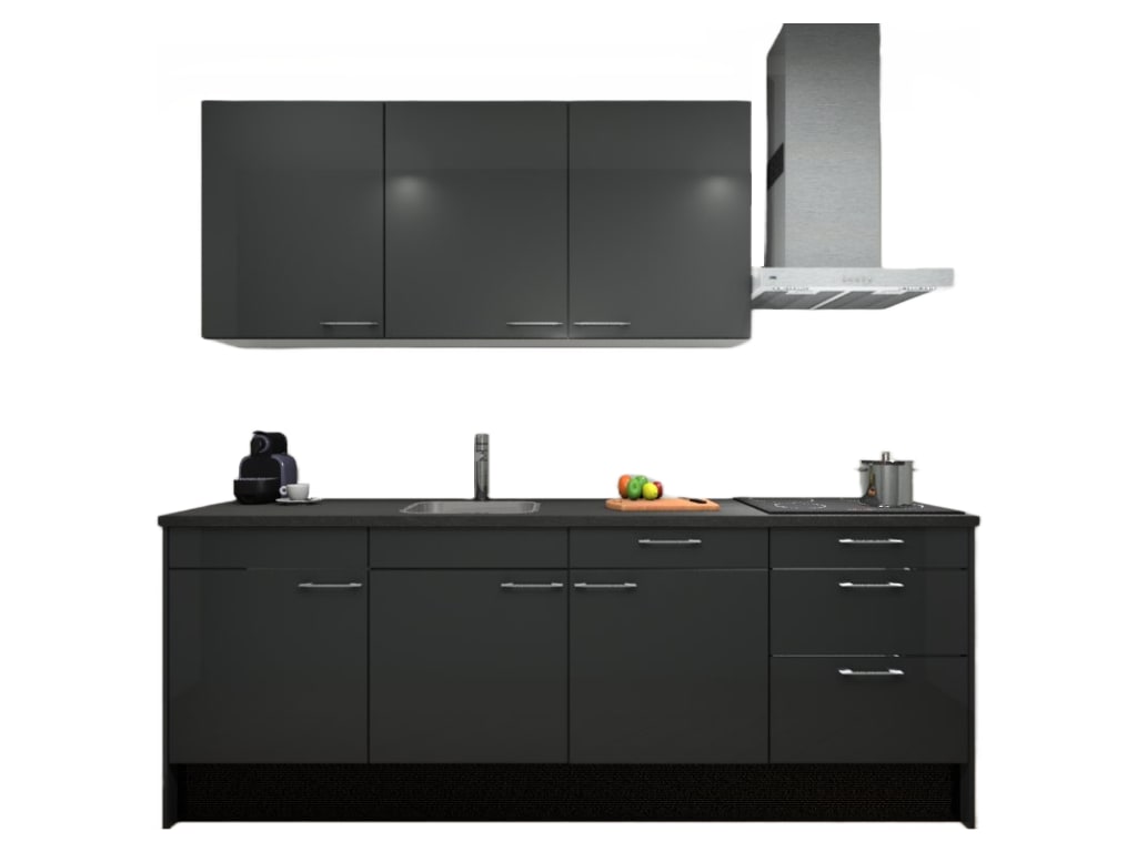 Procasa Keuken 240cm Compleet Dark Grey Spoelbak Links Uit Midden Met 3 Inbouwapparaten Koelkast Links Inductie Kookplaat En Afzuigkap