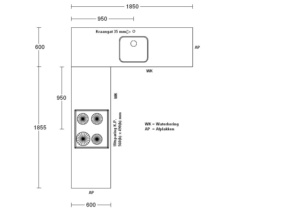 Procasa Keuken Hoekwerkblad 186x185cm Zwart DE 2390 Multiplex Waterkering Spoelbak Lanesto DE040 Vlakinbouw Hart Spoelbak 90cm Van Rechts Blad2 Kraangat Hart Kookplaat KI2160ZT 95cm Van Rechts Blad1
