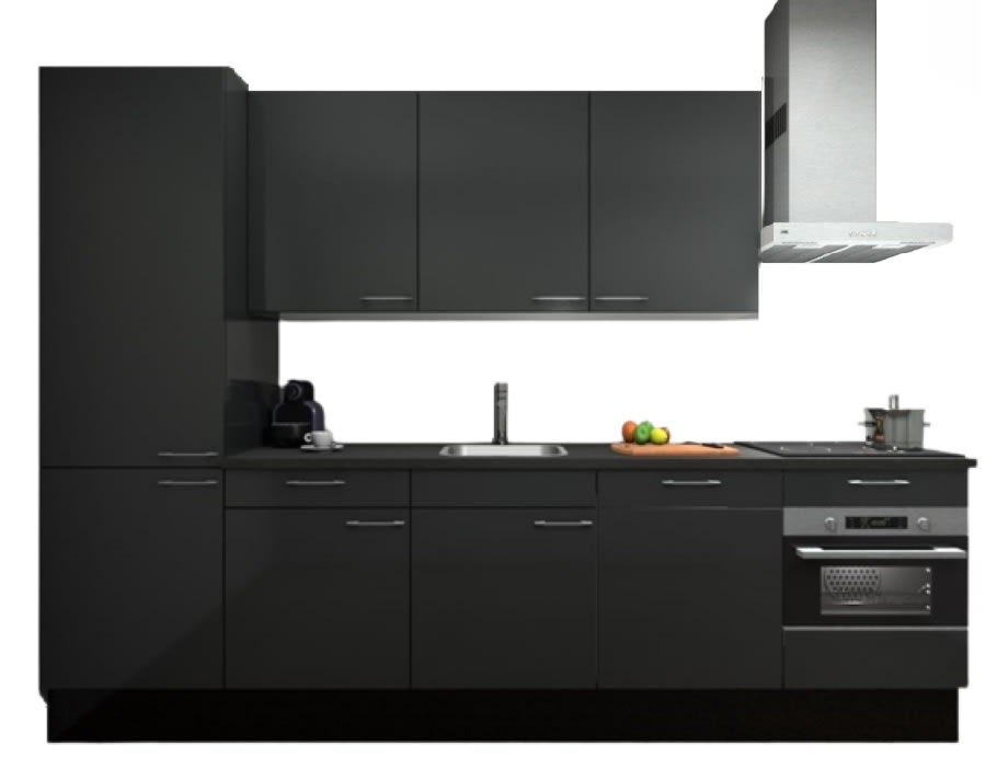 Procasa Keuken 300cm Compleet Dark Grey Inclusief Hoge Kast Met Koelvriescombinatie Links Vaatwasser Combi Magnetron Inductie Kookplaat En Afzuigkap