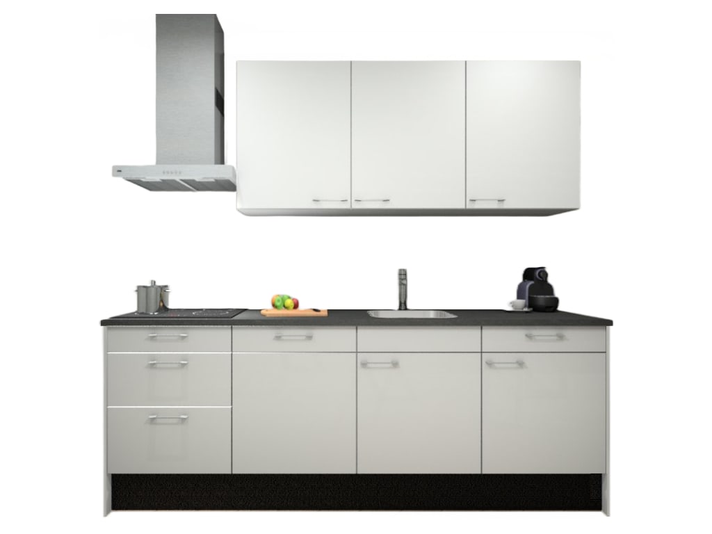 Procasa Keuken 240cm Compleet Wit Spoelbak Rechts Uit Midden Met 3 Inbouw Apparaten Vaatwasser, Inductie Kookplaat En Afzuigkap