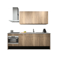 Procasa Keuken 240cm Compleet Mountain Oak Spoelbak Rechts Uit Midden Met 5 Inbouwapparaten, Koelkast Rechts, Vaatwasser, Combi Magnetron, Inductie Kookplaat En Afzuigkap