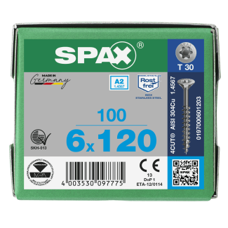 Product afbeelding voor Spax Spaanplaatschroef 6x120/68mm Platkop TX-30 RVS A2 100st