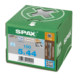 Product afbeelding voor Spax Vlonderschroef 5x44/18mm Cilinderkop TX-25 RVS A2 100st