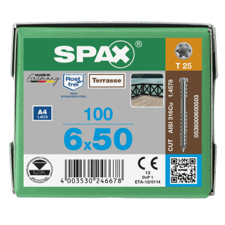 Product afbeelding voor Spax Vlonderschroef 6x50/23mm Cilinderkop TX-25 RVS A4 100st
