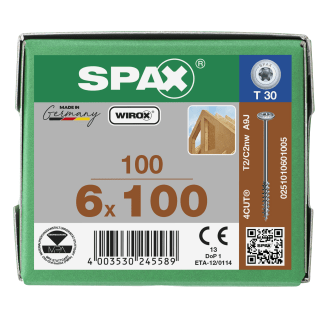 Product afbeelding voor Spax Houtschroef 6x100/61mm Discuskop 13,6mm TX-30 Verzinkt 100st