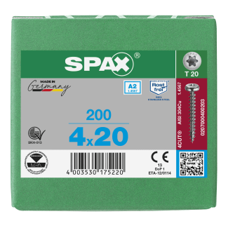 Product afbeelding voor Spax Spaanplaatschroef 4x20/18mm Bolkop TX-20 RVS A2 200st