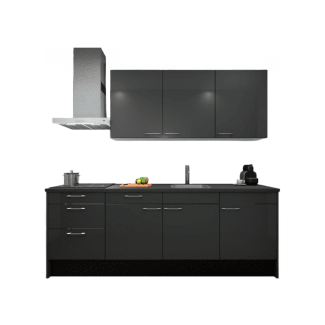 Product afbeelding voor Procasa Keuken 240cm Compleet Dark Grey Spoelbak Rechts Uit Midden Met 3 Inbouwapparaten Koelkast Rechts Inductie Kookplaat En Afzuigkap