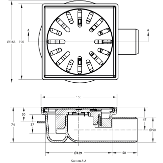 Product afbeelding voor ABS Afvoerput 150x150mm Zijaansluiting  RVS Rooster 4116 Niet Verstelbaar