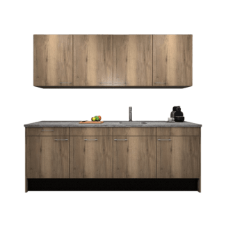 Product afbeelding voor Procasa Keuken 240cm Compleet Mountain Oak Spoelbak Rechts Uit Midden Met 2 Inbouwapparaten, Koelkast Rechts, Vaatwasser