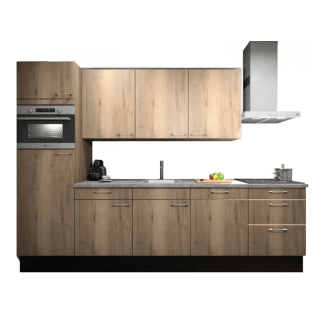 Product afbeelding voor Procasa Keuken 300cm Compleet Mountain Oak Met 5 Inbouwapparaten Hogekast Met Koelkast En Combi Magnetron Links, Vaatwasser, Inductie Kookplaat En Afzuigkap