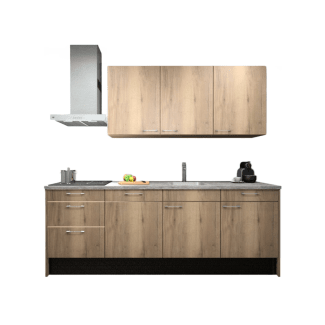 Product afbeelding voor Procasa Keuken 240cm Compleet Mountain Oak Spoelbak Rechts Uit Midden Met 3 Inbouwapparaten, Vaatwasser, Inductie Kookplaat En Afzuigkap