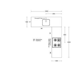 Product afbeelding voor Procasa Keuken Hoekwerkblad 185x186cm Zwart DE 2390 Multiplex Waterkering Spoelbak Lanesto DE040 Vlakinbouw Hart Spoelbak 90cm Van Links Blad1 Met Kraangat Hart Kookplaat KI2160ZT 95cm Van Links Blad2