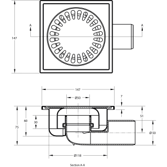 Product afbeelding voor Blücher RVS Vloerput 147x147mm Onderaansluiting/Zijaansluiting 50mm Niet Verstelbaar