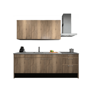 Product afbeelding voor Procasa Keuken 240cm Compleet Mountain Oak Spoelbak Links Uit Midden Met 3 Inbouwapparaten, Koelkast Links, Inductie Kookplaat En Afzuigkap