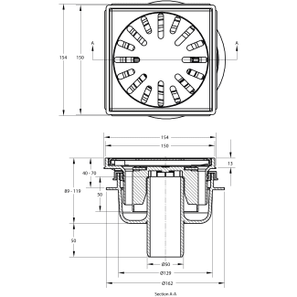 Product afbeelding voor ABS Afvoerput 150x150mm Onderaansluiting RVS Rooster 4015 Horizontaal en Vertikaal Verstelbaar
