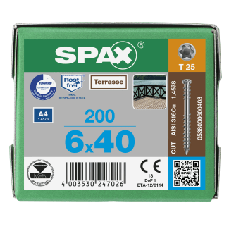 Product afbeelding voor Spax Vlonderschroef 6x40/23mm Cilinderkop TX-25 RVS A4 200st