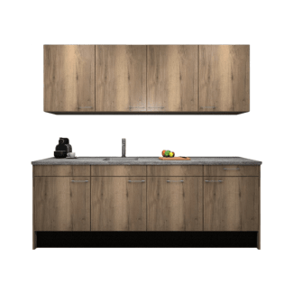 Product afbeelding voor Procasa Keuken 240cm Compleet Mountain Oak Spoelbak Links Uit Midden Met 2 Inbouwapparaten, Koelkast Links En Geintegreede Vaatwasser