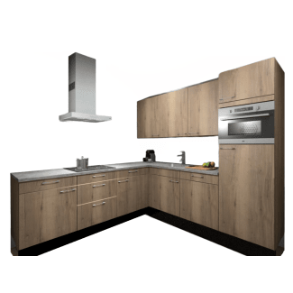 Product afbeelding voor Procasa Hoekkeuken Compleet 245x245cm Mountain Oak Met 5 Inbouwapparaten, Hoge Kast Met Koelkast Nis 103 En Combi Magnetron Nis 45 Rechts, Vaatwasser, Inductie Kookplaat En Afzuigkap