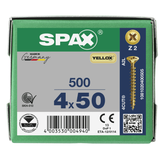 Product afbeelding voor Spax Spaanplaatschroef 4x50/45mm Platkop/Kruiskop PZ-2 Geel Verzinkt 500st