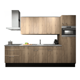 Product afbeelding voor Procasa Keuken 300cm Compleet Mountain Oak Met 5 Inbouwapparaten Hogekast Met Koelkast Nis 103 En Combi Magnetron Nis 45 Rechts, Vaatwasser Inductie Kookplaat En Afzuigkap