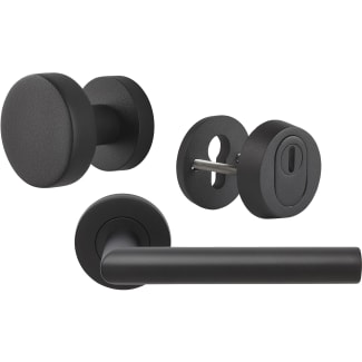 Product afbeelding voor Skantrae Hang&Sluitwerkpakket 93 201-211 R4 Zwart Aquarius 1/2 Deurkruk Musca Knop Juno Rozet Rond Kerntrekbeveiliging Meerpuntssluiting En 4x AXA Scharnier