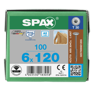 Product afbeelding voor Spax Houtschroef 6x120/68mm Discuskop 13,6mm TX-50 RVS A2 100st
