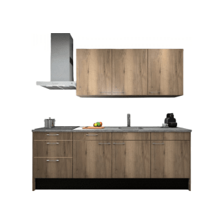 Product afbeelding voor Procasa Keuken 240cm Compleet Mountain Oak Spoelbak Rechts Uit Midden Met 3 Inbouwapparaten, Koelkast Rechts, Inductie Kookplaat En Afzuigkap