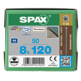 Product afbeelding voor Spax Vlonderschroef 8x120/50mm Cilinderkop TX-25 RVS A4 50st