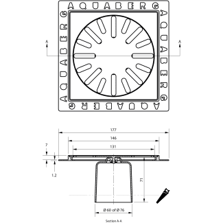 Product afbeelding voor Renovatieput ABS 146x146mm Rooster RVS Reukslot 60/76mm Inbouwdiepte 7mm